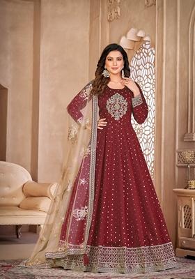 Maroon Embroidered Silk Anarkali Kurta Set