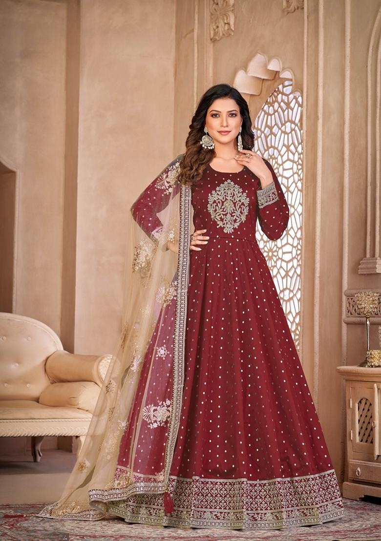 Maroon Embroidered Silk Anarkali Kurta Set