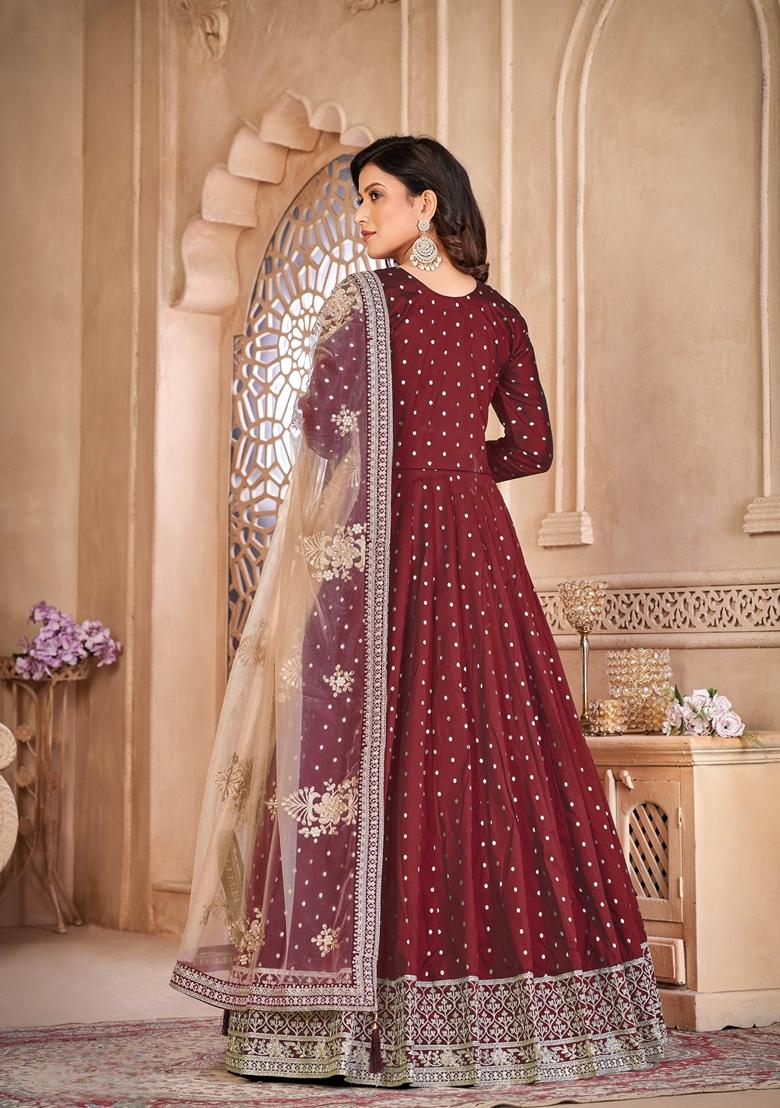 Maroon Embroidered Silk Anarkali Kurta Set