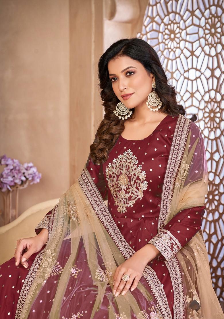 Maroon Embroidered Silk Anarkali Kurta Set