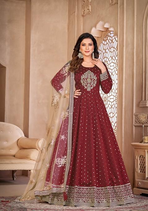 Maroon Embroidered Silk Anarkali Kurta Set