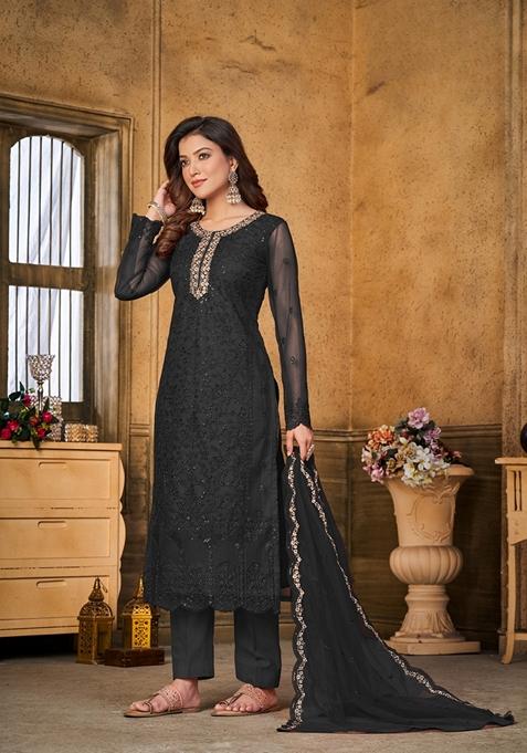 Buy Women Black Embroidered Net Kurta Set - XKU08397 - Semi-Stitched ...