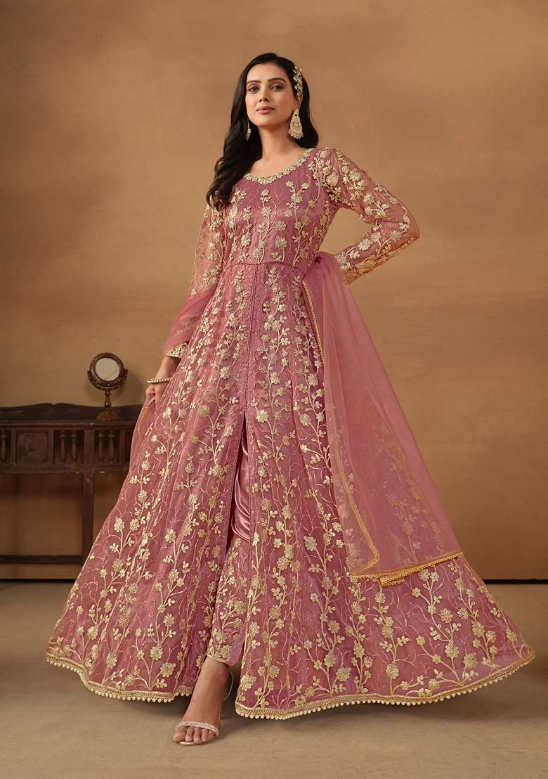 Pink Embroidered Net Anarkali Set - Indya