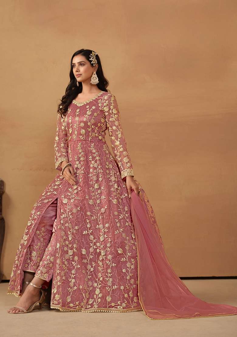 Pink Embroidered Net Anarkali Set - Indya