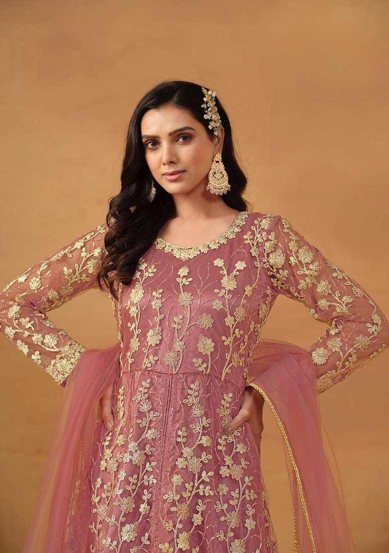 Pink Embroidered Net Anarkali Set - Indya