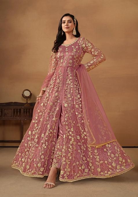 Pink Embroidered Net Anarkali Kurta Set
