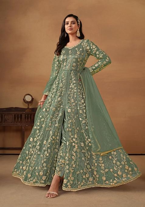 Green Embroidered Net Anarkali Kurta Set
