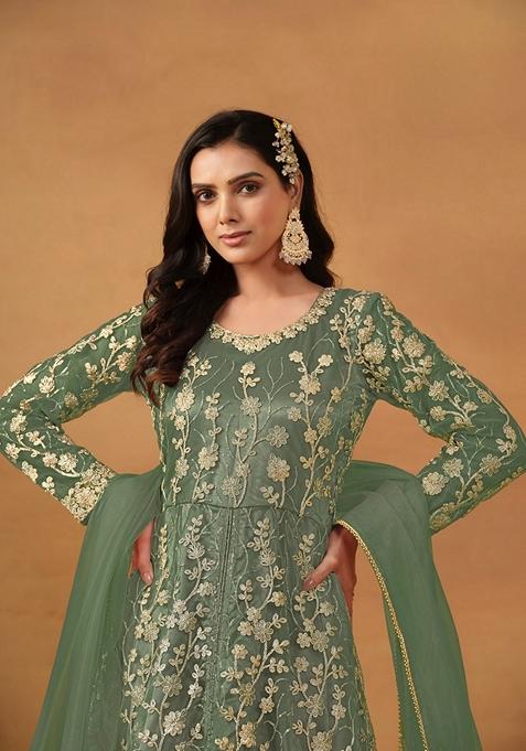 Green Embroidered Net Anarkali Kurta Set