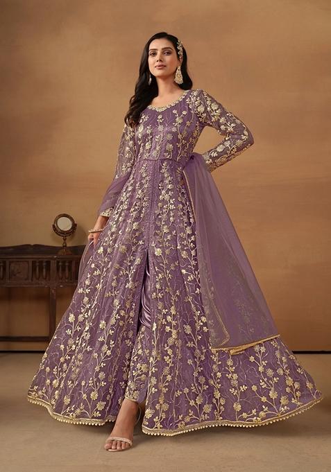 Purple Embroidered Net Anarkali Kurta Set