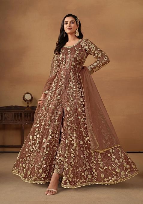 Brown Embroidered Net Anarkali Kurta Set
