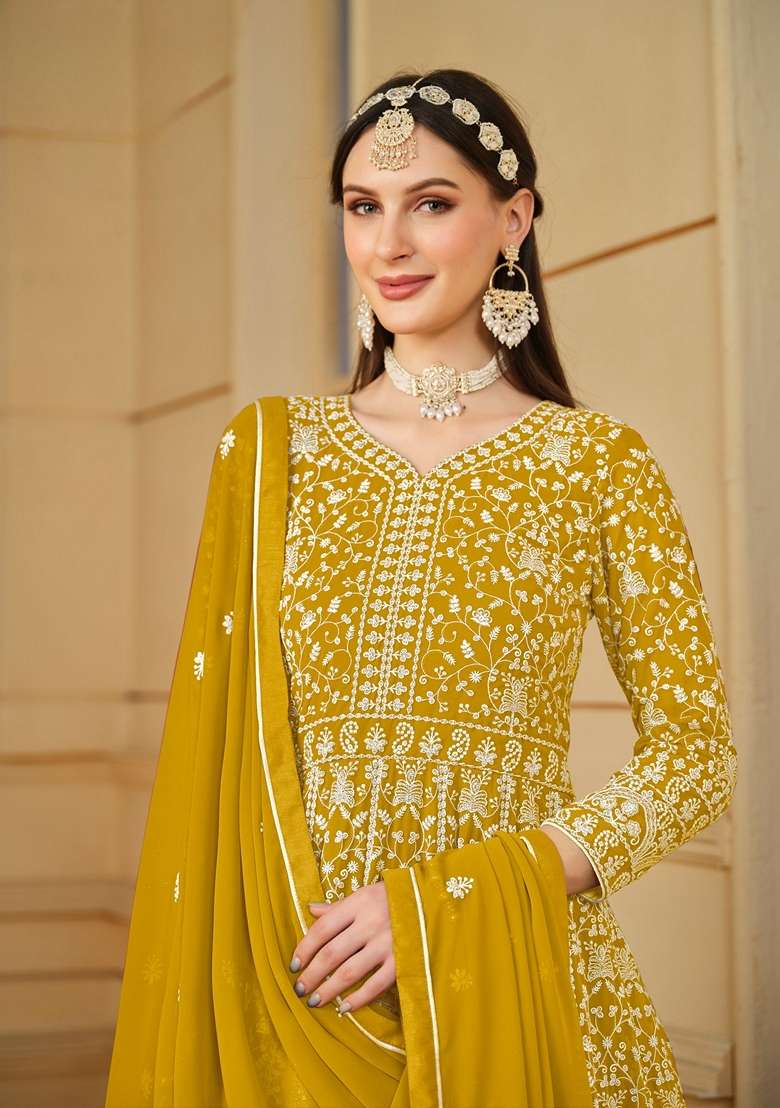 Yellow Embroidered Faux Blooming Anarkali Set - Indya