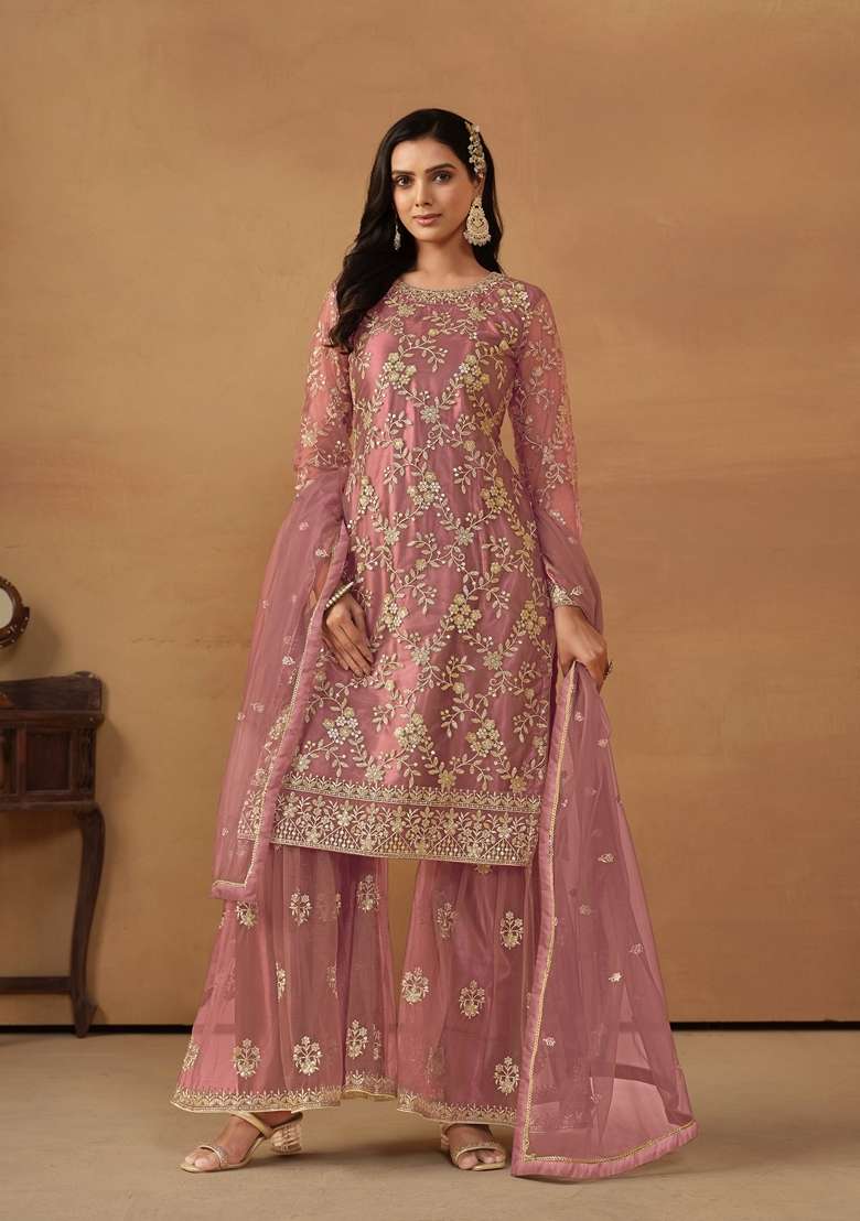 Pink Embroidered Net Sharara Set - Indya