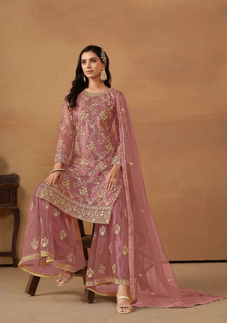 Pink Embroidered Net Sharara Set - Indya
