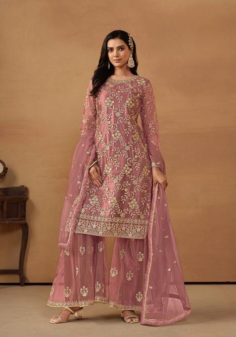 Pink Embroidered Net Kurta Set