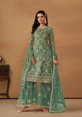 Green Embroidered Net Kurta Set