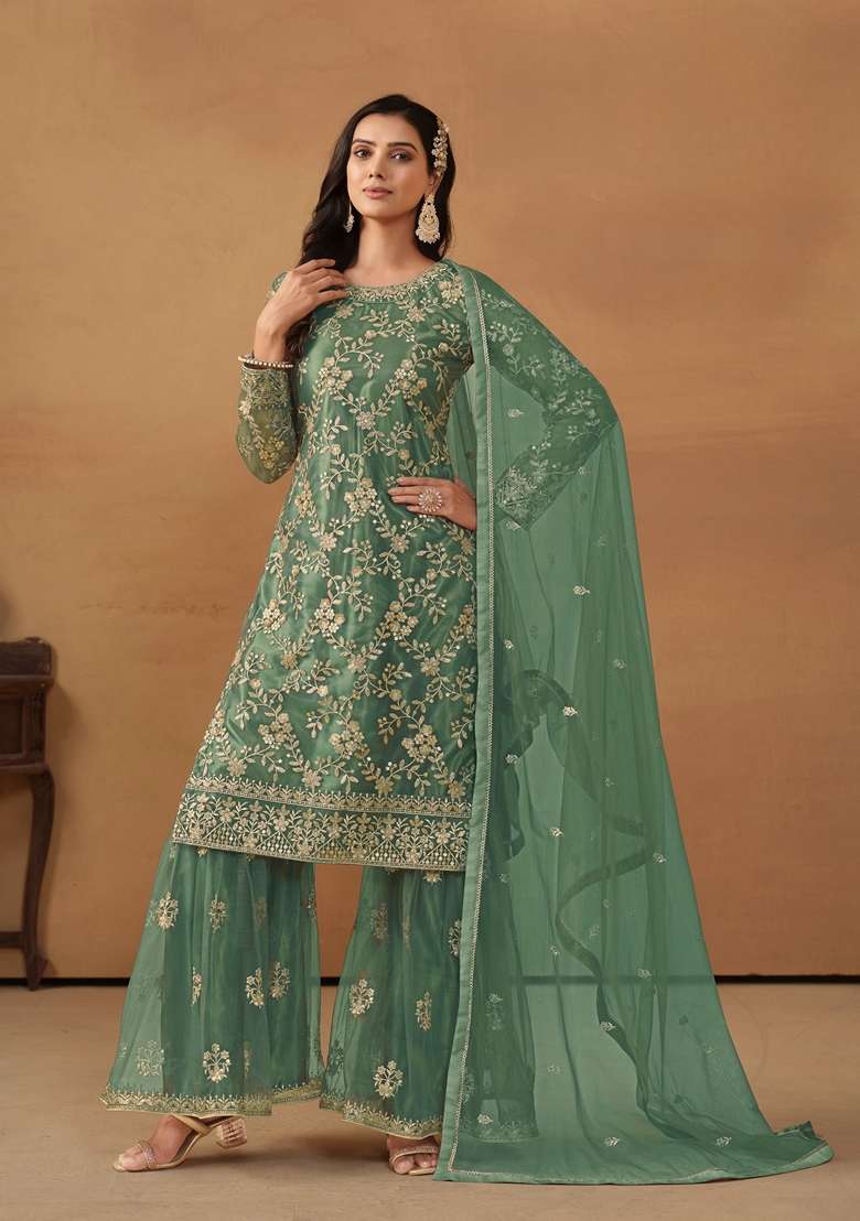 Green Embroidered Net Sharara Set - Indya