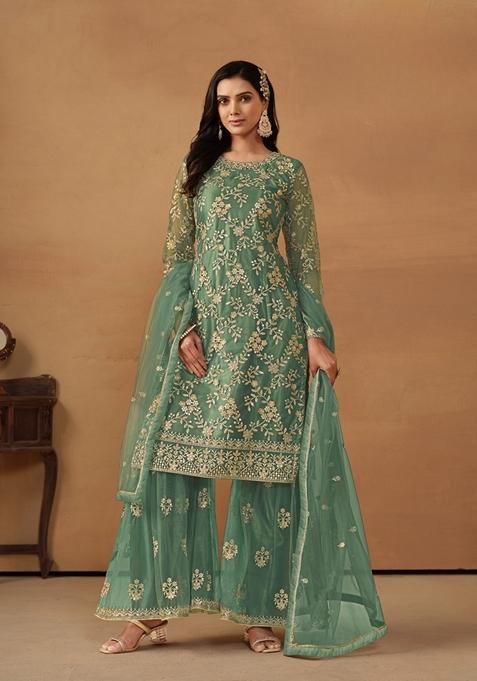 Green Embroidered Net Kurta Set