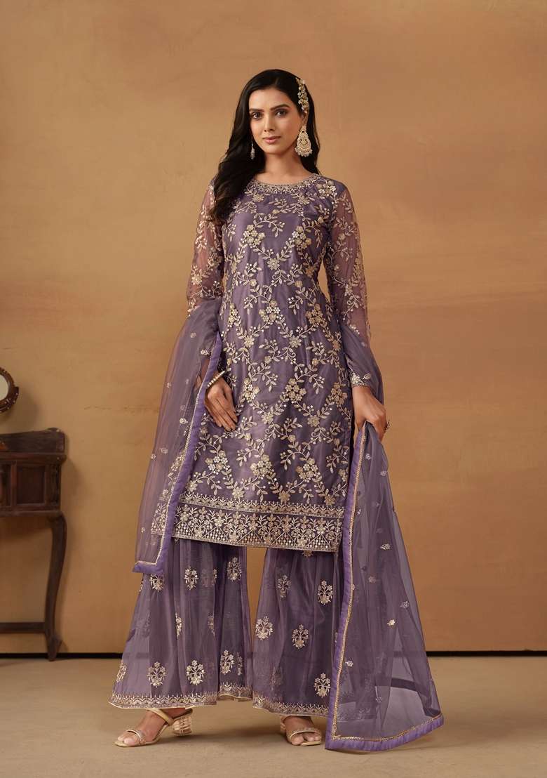 Purple Embroidered Net Sharara Set - Indya