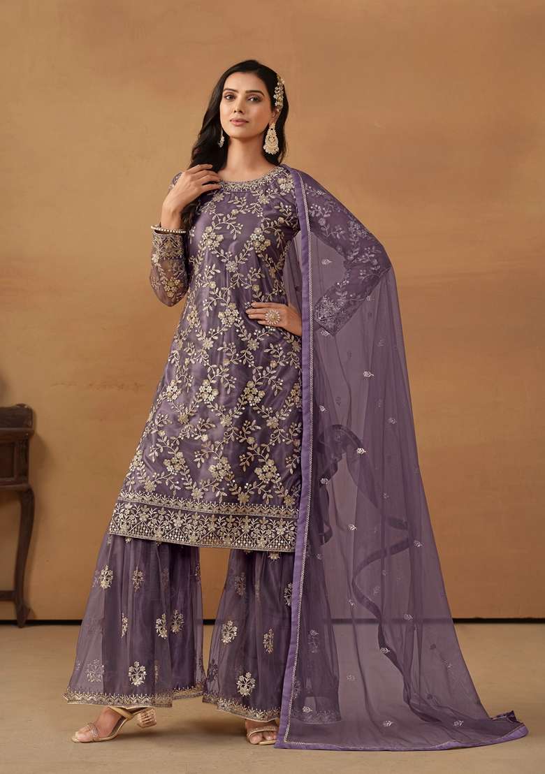 Purple Embroidered Net Sharara Set - Indya