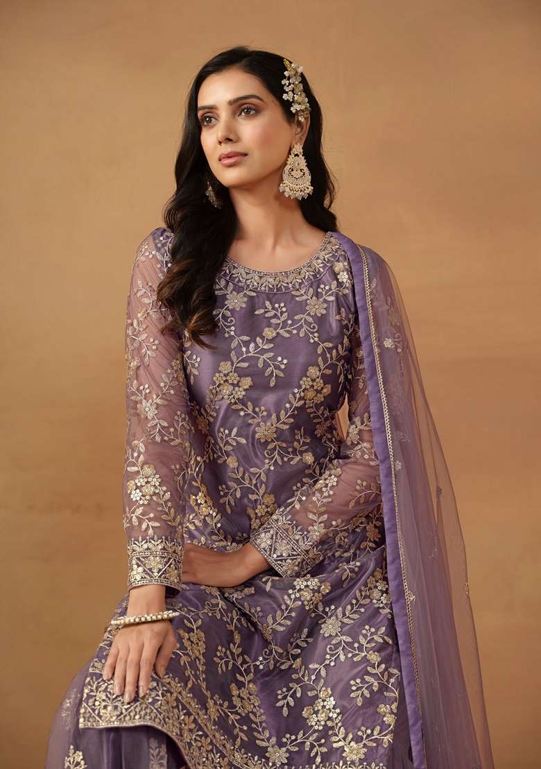 Purple Embroidered Net Sharara Set - Indya