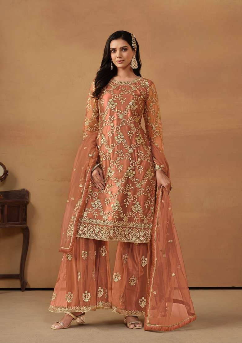 Brown Embroidered Net Sharara Set - Indya