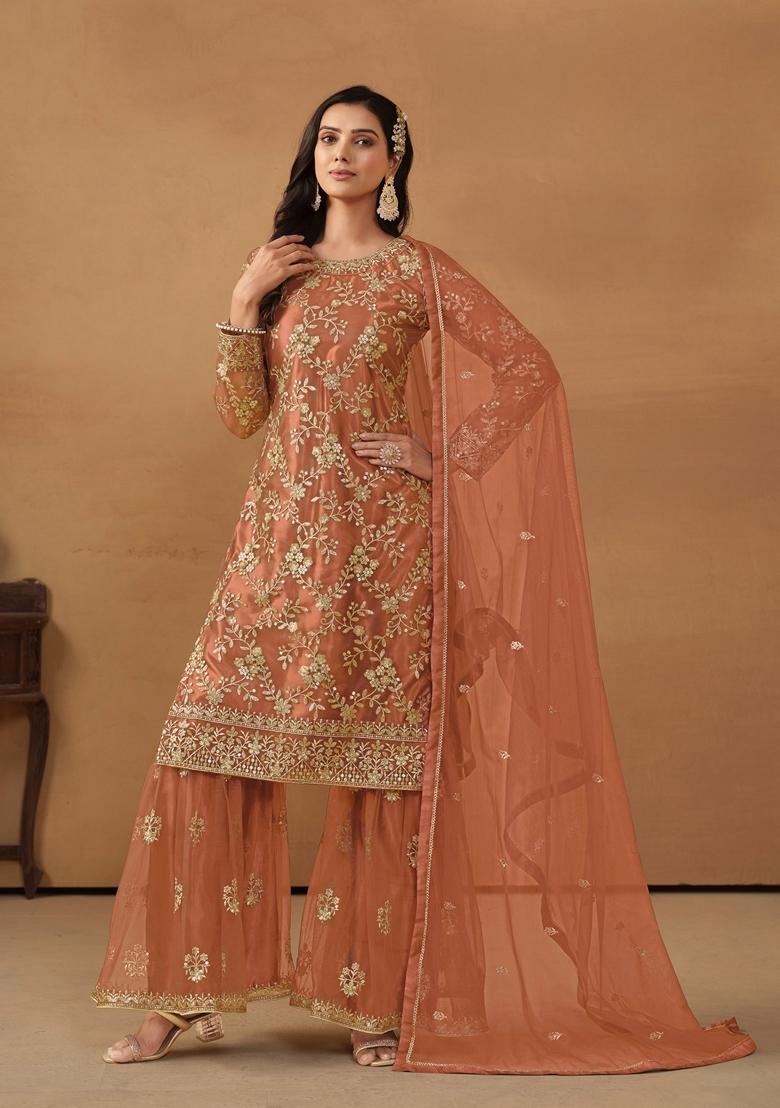 Brown Embroidered Net Kurta Set