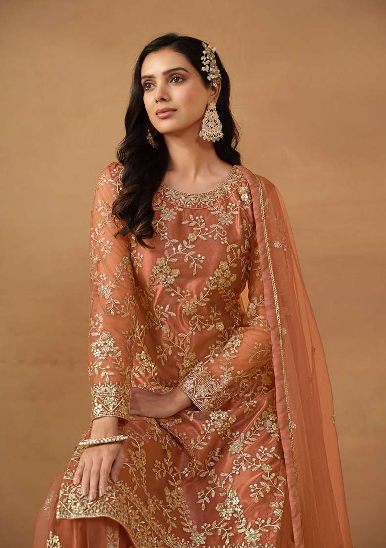 Brown Embroidered Net Sharara Set - Indya