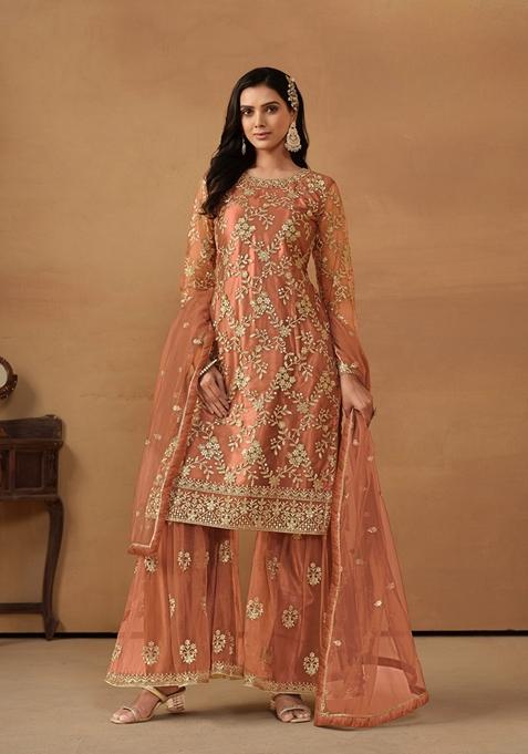 Brown Embroidered Net Kurta Set