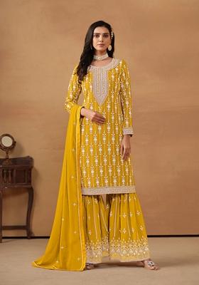Yellow Embroidered Faux Georgette Kurta Set
