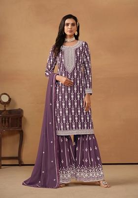 Purple Embroidered Faux Georgette Kurta Set