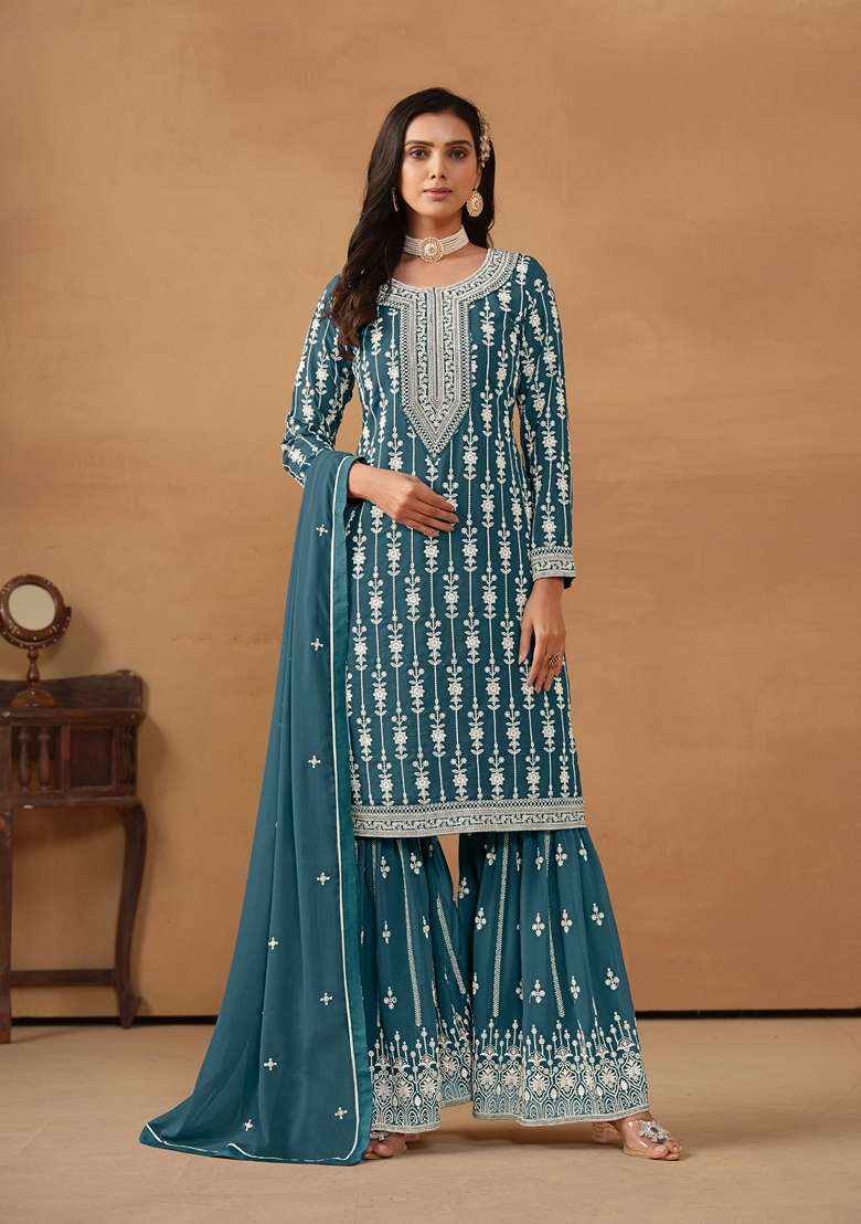 Teal Embroidered Faux Blooming Sharara Set - Indya