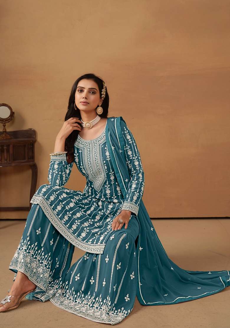 Teal Embroidered Faux Blooming Sharara Set - Indya
