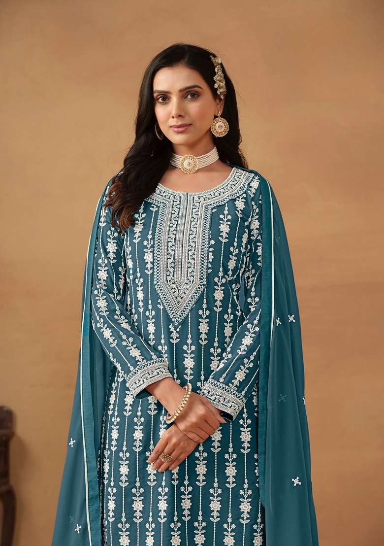 Teal Embroidered Faux Blooming Sharara Set - Indya