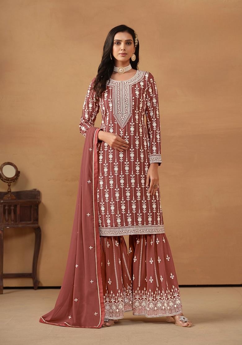 Brown Embroidered Faux Georgette Kurta Set - Indya
