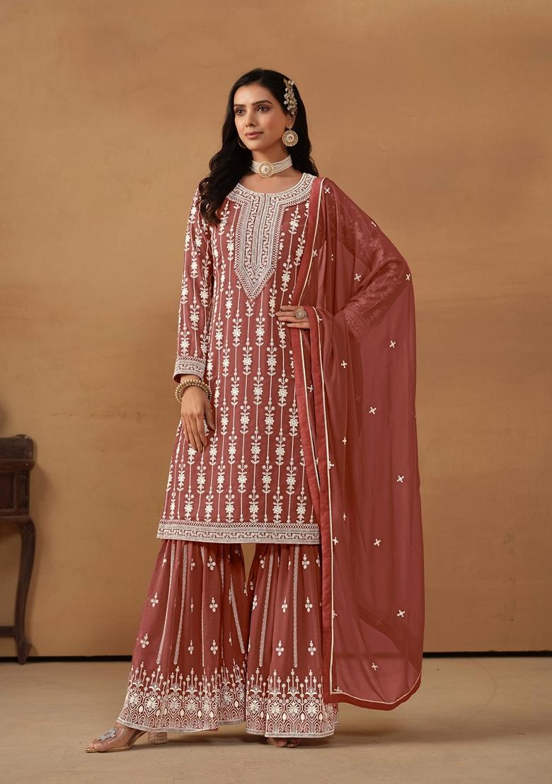 Brown Embroidered Faux Georgette Kurta Set - Indya
