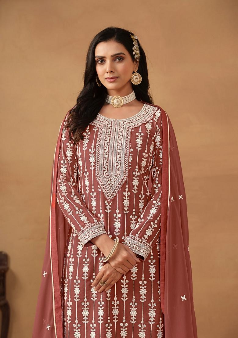 Brown Embroidered Faux Georgette Kurta Set - Indya