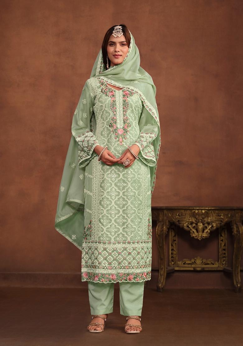 Light Green Embroidered Organza Kurta Set