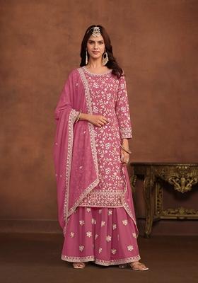 Pink Embroidered Faux Georgette Kurta Set