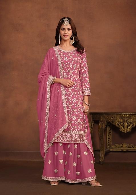 Pink Embroidered Faux Georgette Kurta Set