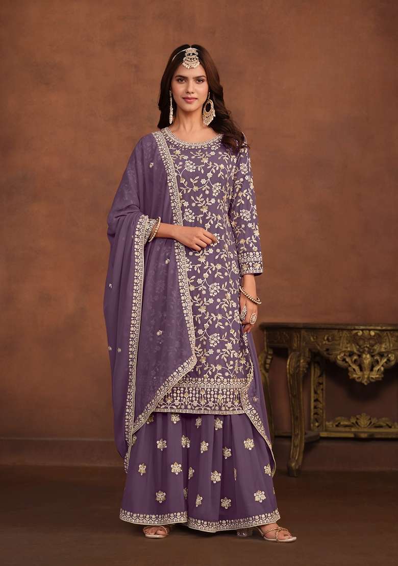 Lavender Embroidered Faux Blooming Sharara Set - Indya