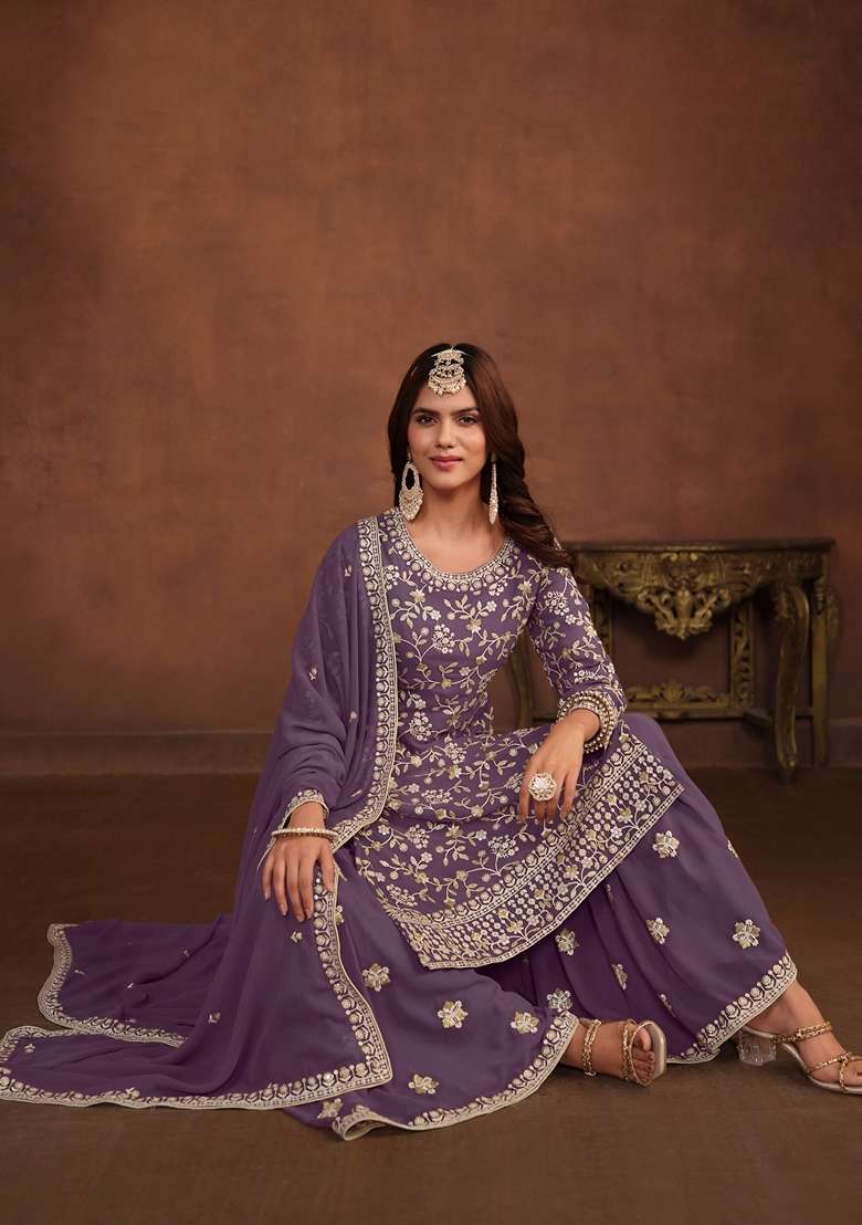 Lavender Embroidered Faux Blooming Sharara Set - Indya