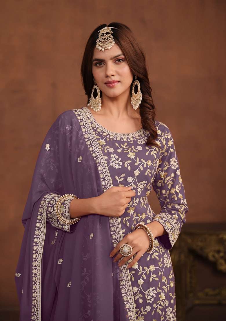 Lavender Embroidered Faux Blooming Sharara Set - Indya