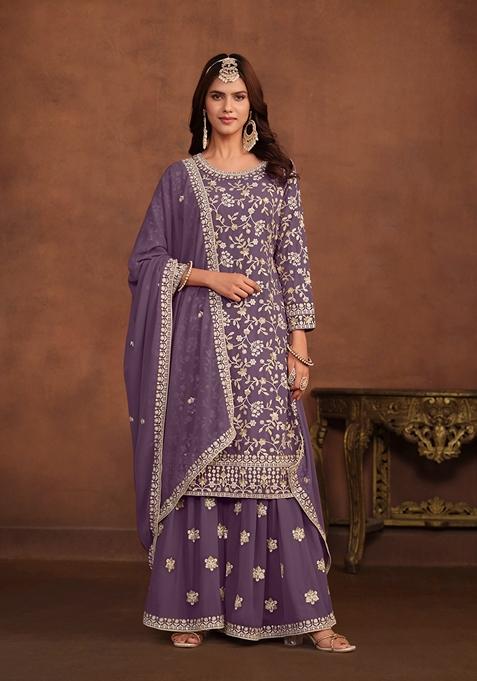 Lavender Embroidered Faux Georgette Kurta Set