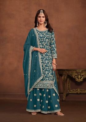 Teal Embroidered Faux Georgette Kurta Set