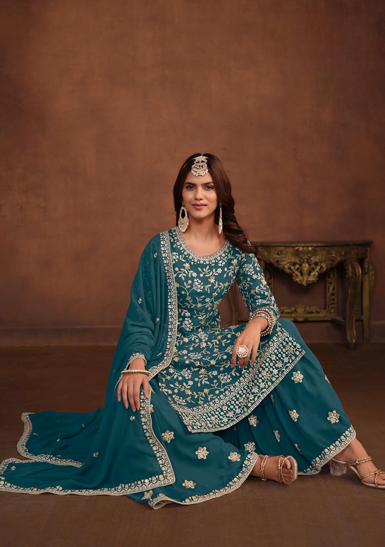 Teal Embroidered Faux Georgette Kurta Set