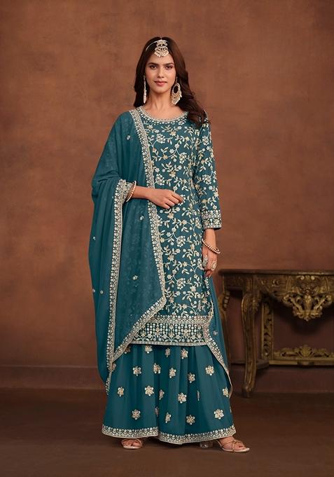 Teal Embroidered Faux Georgette Kurta Set