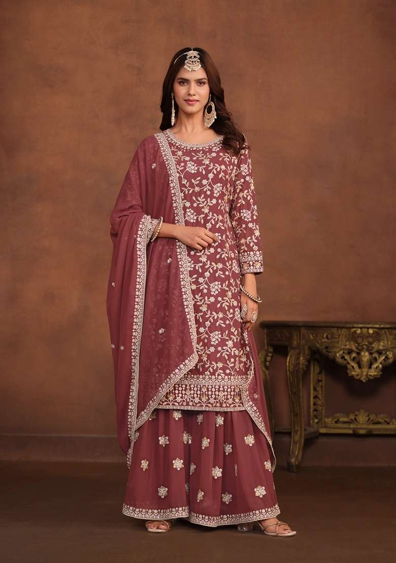 Brown Embroidered Faux Blooming Sharara Set - Indya