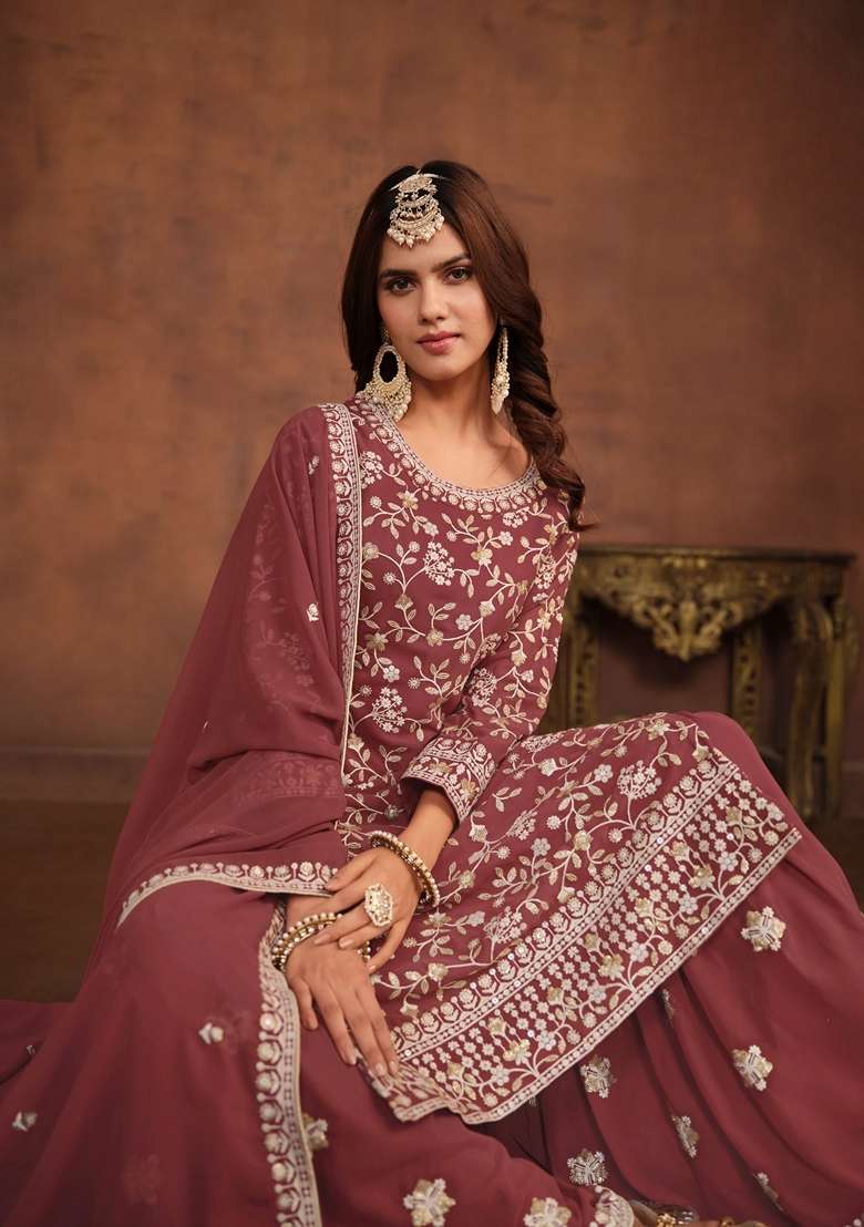 Brown Embroidered Faux Blooming Sharara Set - Indya