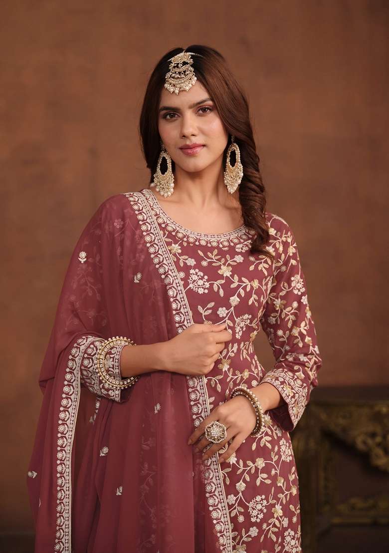 Brown Embroidered Faux Blooming Sharara Set - Indya