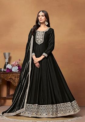 Black Embroidered Pure Art Silk Anarkali Kurta Set